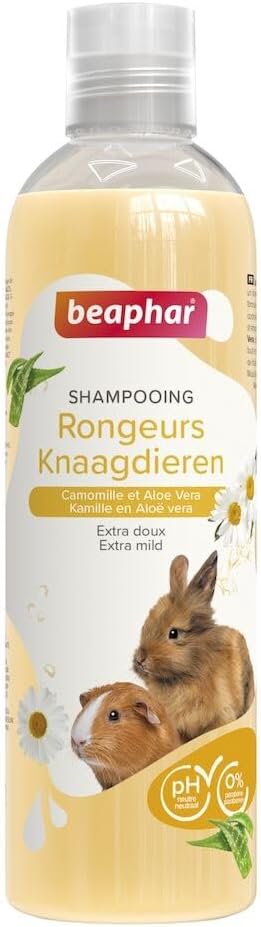 Shampooing Essentiel pour Lapin, Cochon d'Inde et Petits Rongeurs – Extra-Doux – Contient Camomille et Aloe Vera – sans parabène ni Silicone – pH Neutre – Produit Vegan – 250 ML