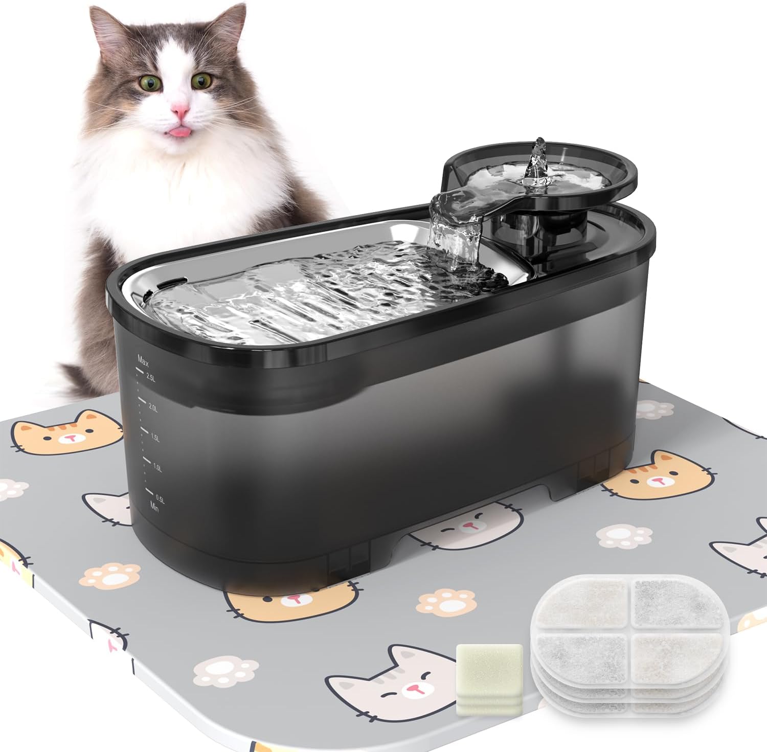 VEGREM Fontaine a Eau Chat 2.5 L, Fontaine à Eau pour Chat 2.5 W Silencieuse avec Filtre à Charbon Actif, Réservoir d'eau Noir Translucide pour Plusieurs Animaux de Compagnie
