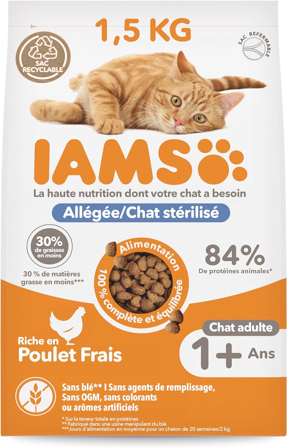 Croquettes Premium Chats stérilisés - savoureuses complètes équilibrées - Favorise Croissance et Vitalité - Au poulet frais – Sans OGM colorant arôme artificiel - Sac refermable 1,5 kg