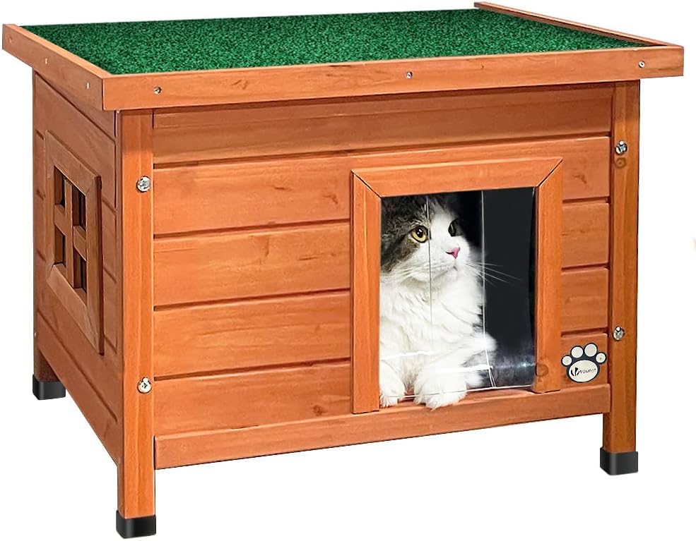Maison de Chat en Bois avec Toit Bitumé et Fenêtre Plexiglas Maison de Toilette pour Chat