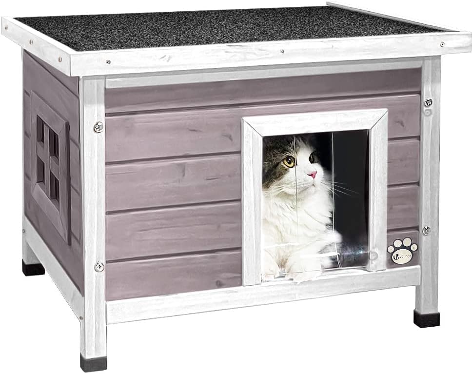 Maison de Chat en Bois avec Toit Bitumé et Fenêtre Plexiglas Maison de Toilette pour Chat Meuble de Bac avec Porte Niche 57x45x43cm Gris