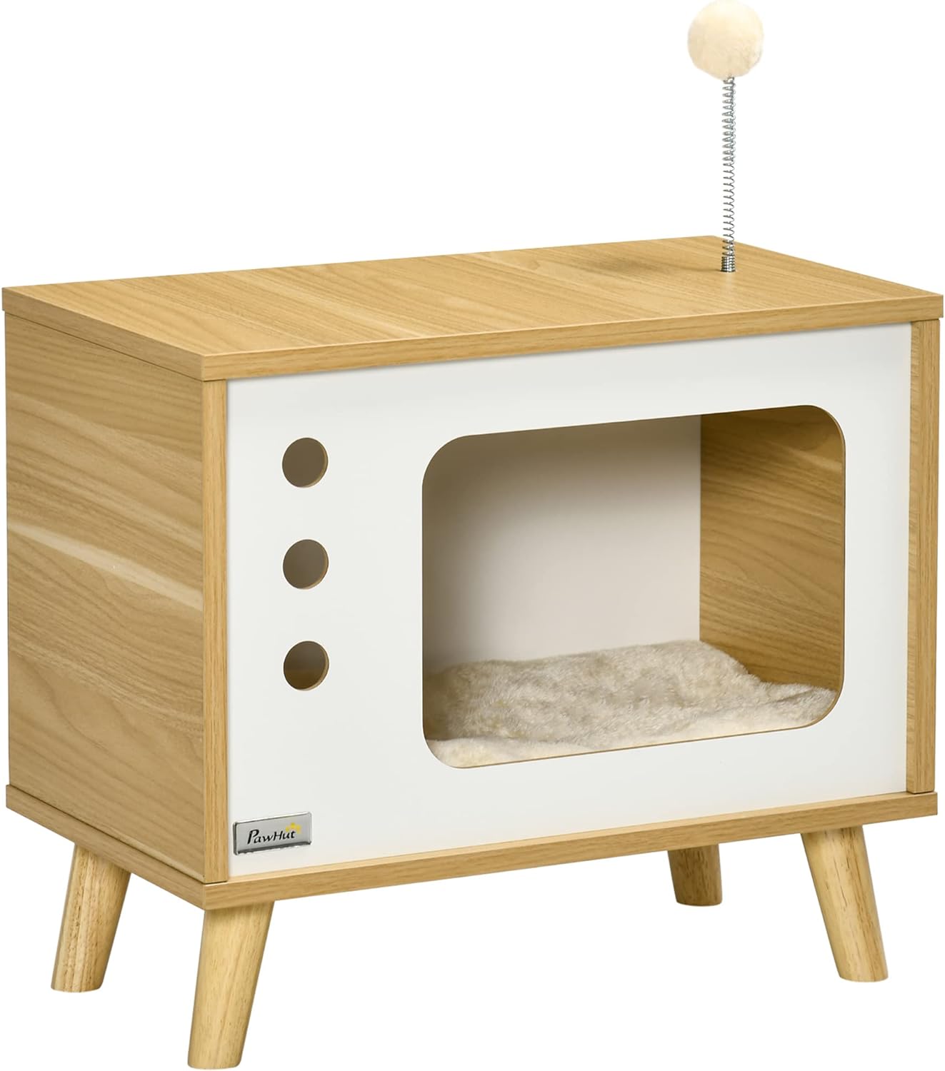 Maison Niche pour Chat Forme de TV avec Coussin Douillet et Balle rebondissante