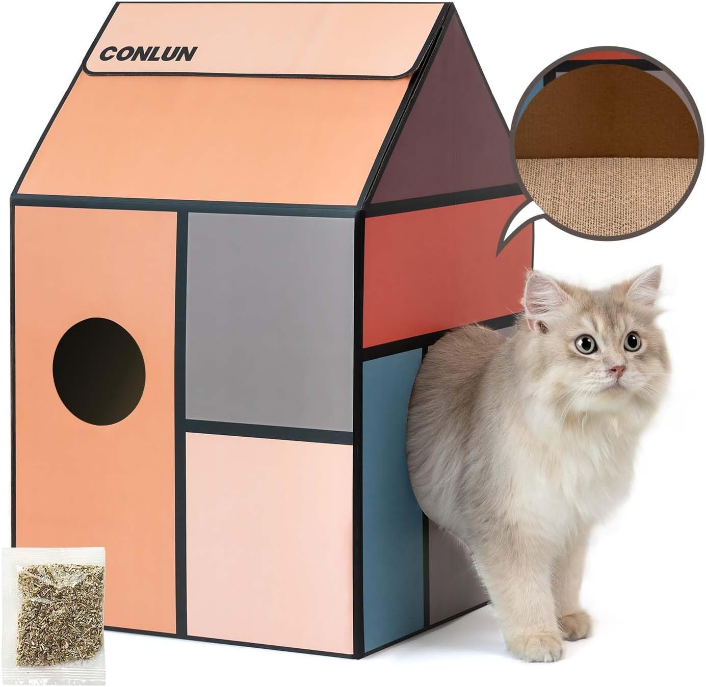 Maison pour Chat en Carton avec Griffoir pour Chat Carton et Herbe à Chat,Grattoir Chat Carton Facile à Assembler Parfait pour Décorer Votre Intérieur