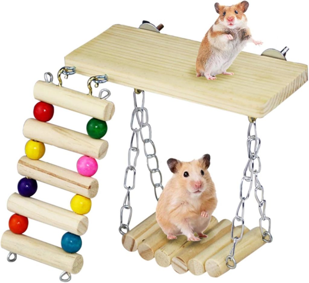 Jouets d’Exercice pour Hamster de 3 pièces, Jouets à mâcher Suspendus en Bois pour Hamster, Accessoires pour la Cage du Cochon d’Inde et du Petit Animal