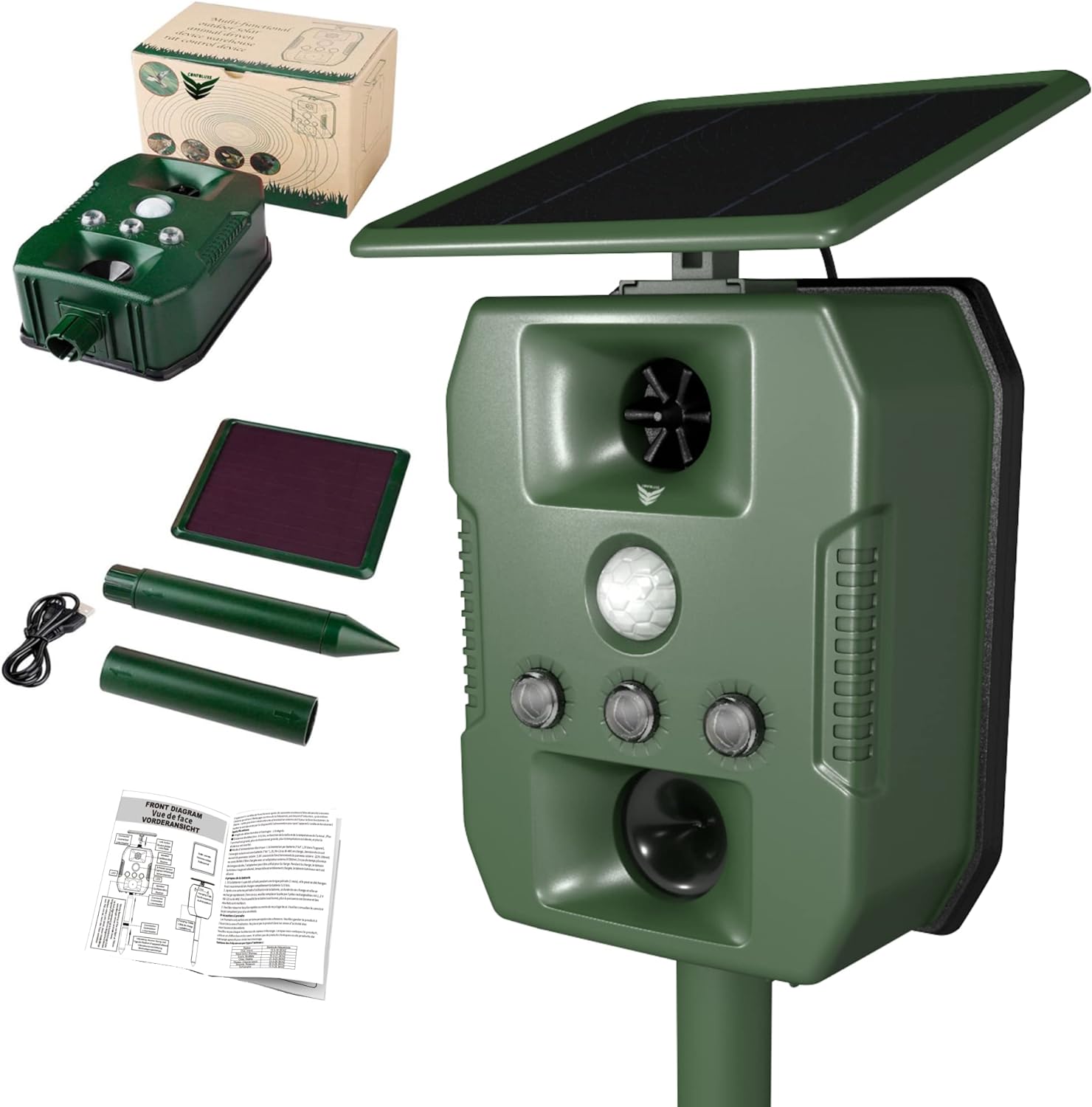 Repulsif Chat Exterieur Ultrason - Anti Chien Pigeons Souris Rats - Solaire USB Multifonctions LED Sonore - Pique Vibrations - Chasse Taupe - Repousse Rongeur - Appareil Puissant Efficace