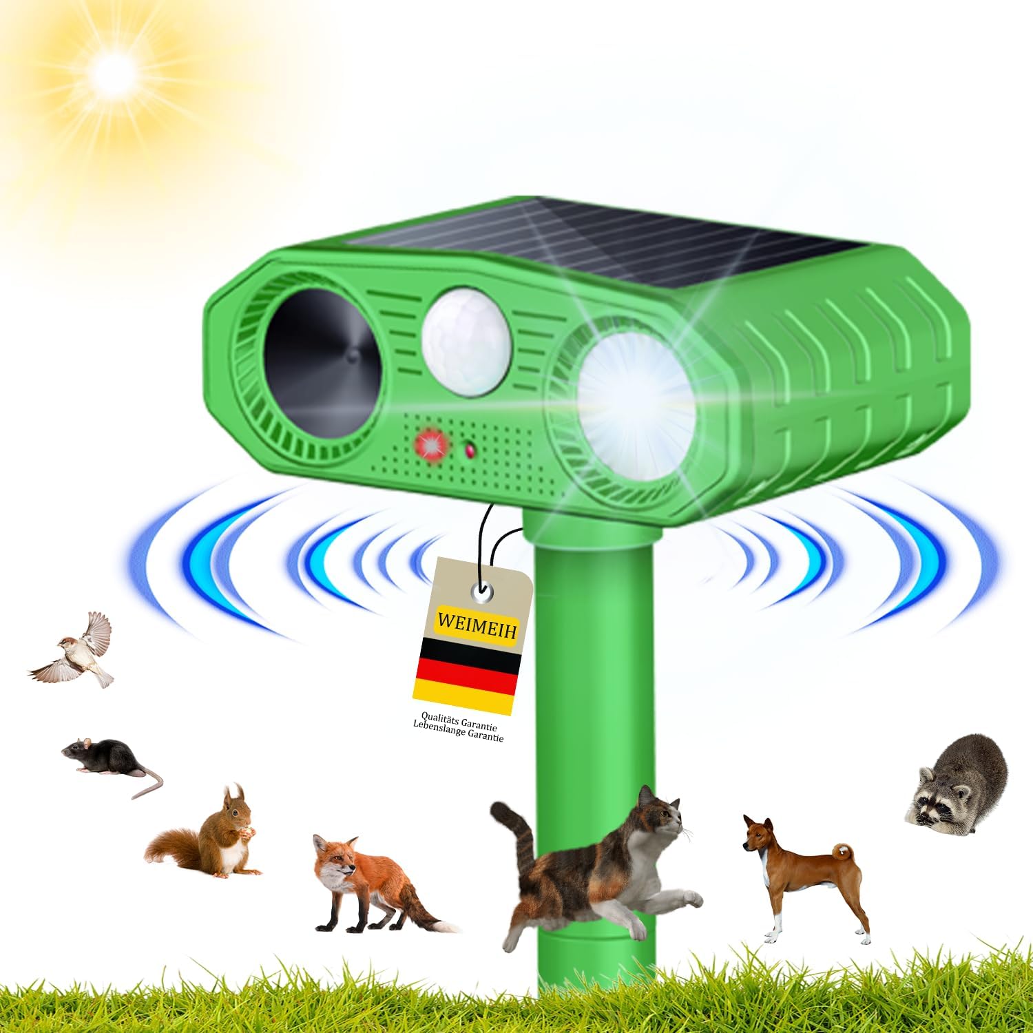 Améliorée Repulsif Chat Exterieur Ultrason,Solaire Repulsif Chien Puissant,Anti Rongeurs Répulsif avec Détecteur de Mouvement Étanche Anti Chats,Chiens