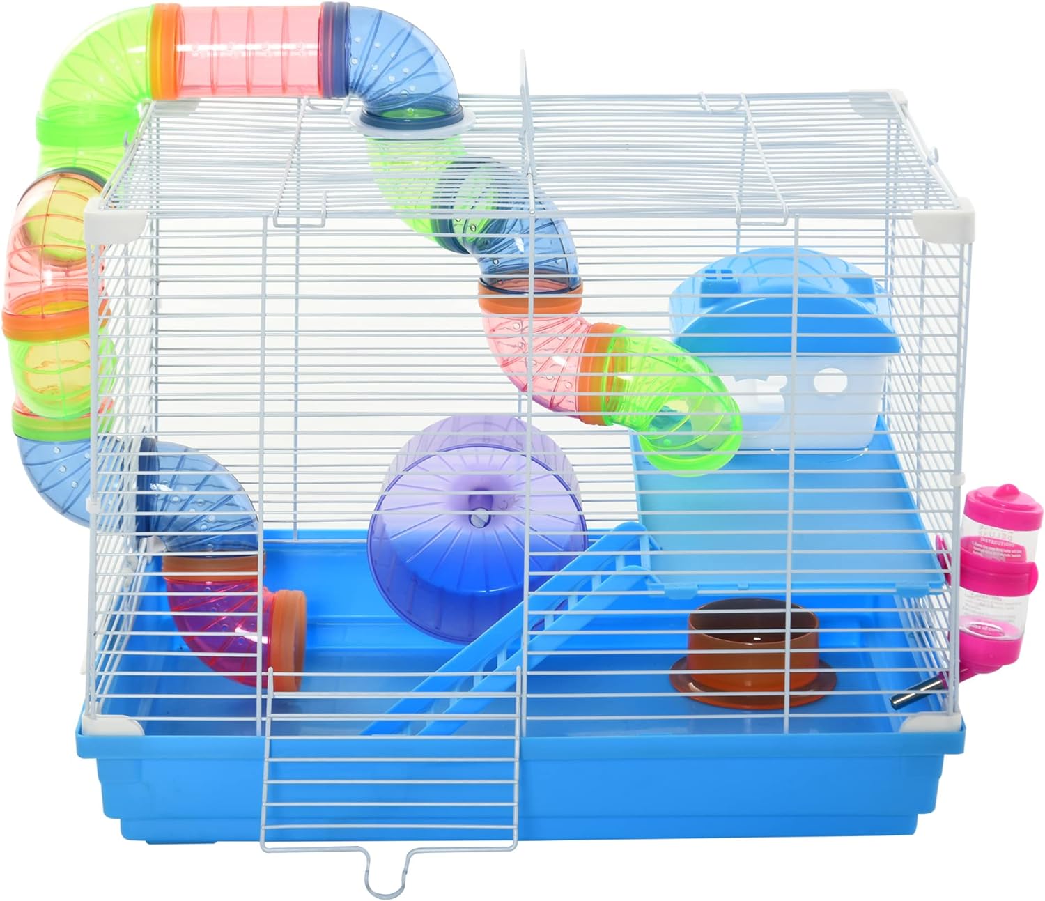 Cage pour Rongeur Hamster 2 Niveaux avec Tunnel, Bouteille d'eau, Roues, Maison