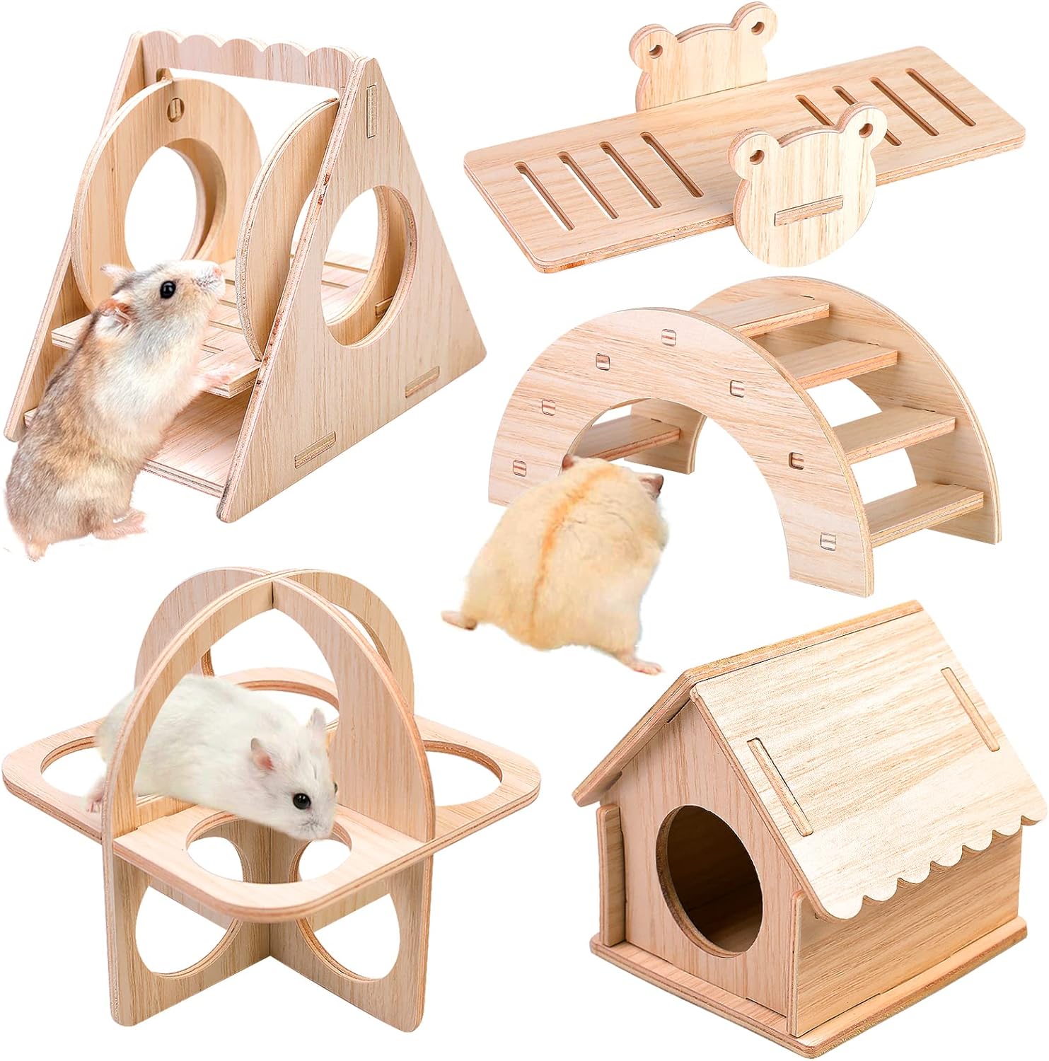 ouets pour Hamster en Bois, 5 Pièces DIY Hamster Cachette Maison Pont Bascule balançoire Jouet D'entraînement Jouet de Hamster