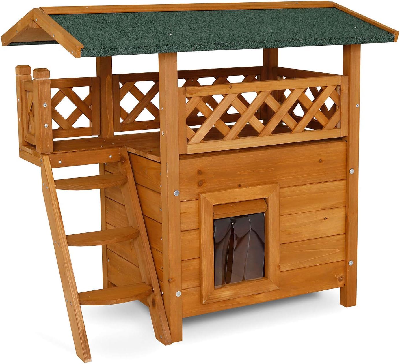 Maison pour Chats Lodge Cabane en Bois avec Terrasse et Escalier 77x50x73 cm