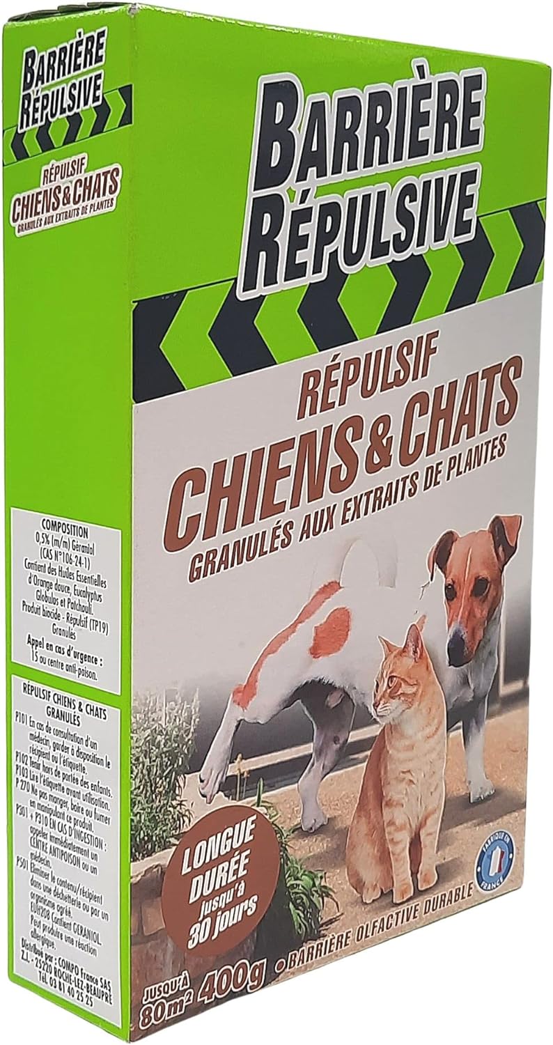 BARRIERE REPULSIVE Répulsif Chiens et Chats, Extérieur, Jusqu'à 80 m², 400 g