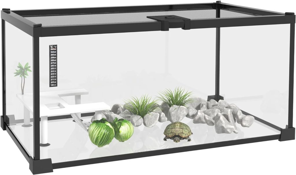 Boîte à Reptiles Aquarium de Tortues Habitat de Terrarium Couvercle Coulissant Treillis métallique thermomètre Plate-Forme avec Rampe, cocotiers décoratifs et mangeoire Inclus Verre métal