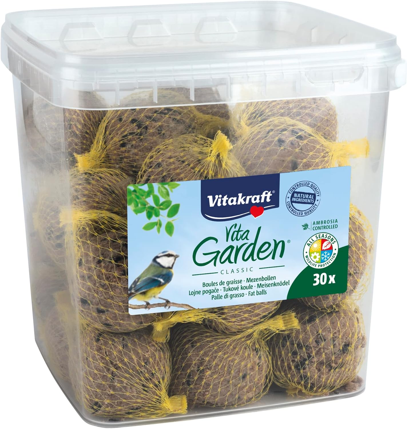 Seau de Boules de Graisse avec Filets pour Oiseaux du Jardin - Alimentation Complète Pour Oiseaux Toutes Saisons - 30 unités