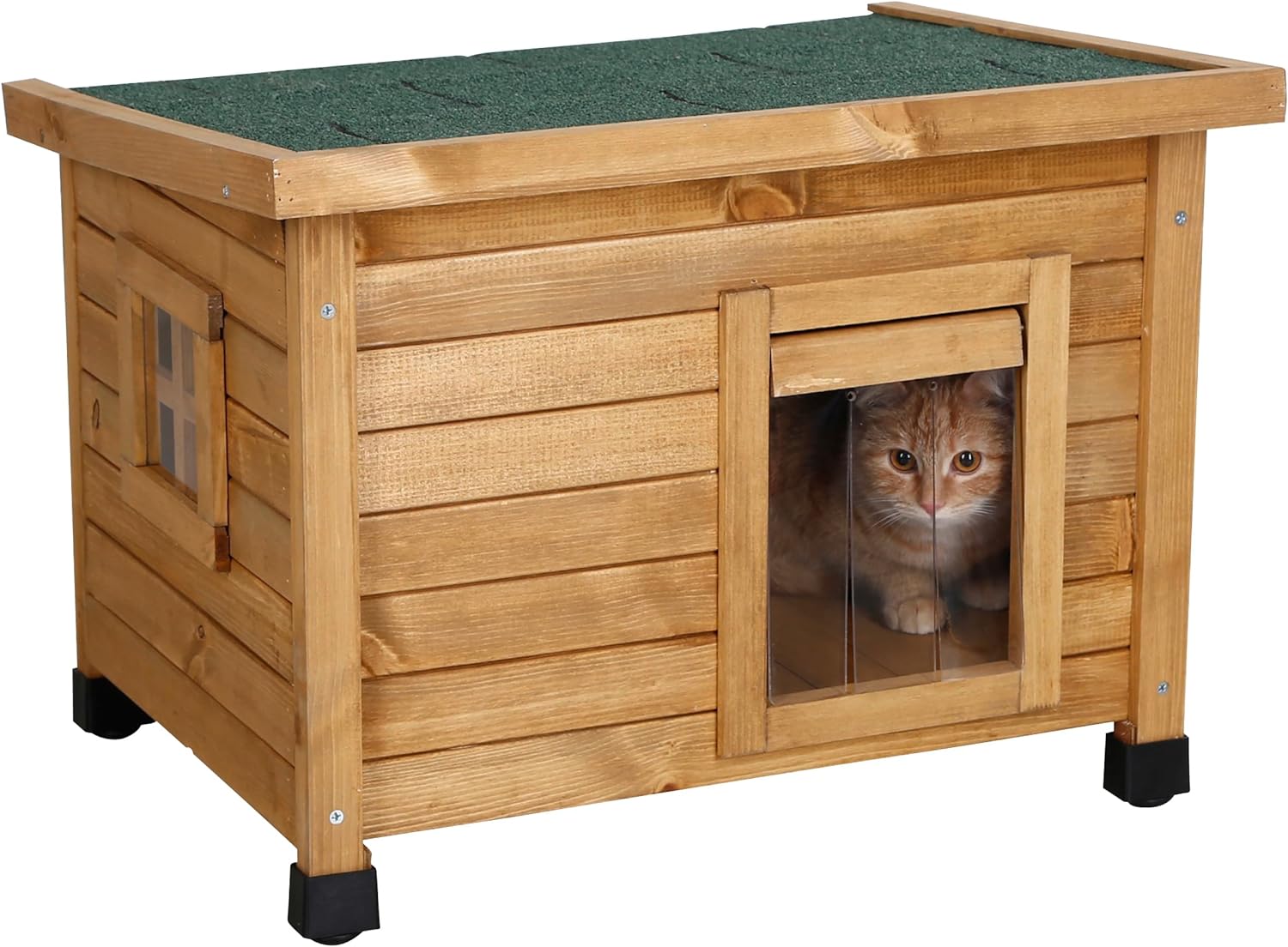 Maison pour chat en bois Rustica, porte à lamelles, fenêtre en plexiglas, pieds en plastique réglables en hauteur, marron/vert, 57 x 45 x 43 cm