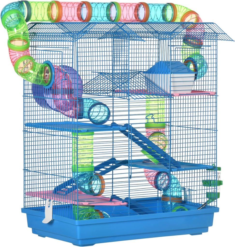 Cage pour Hamster Souris Petit Animaux Rongeur avec Tunnel Mangeoire Roue Jouet 4
