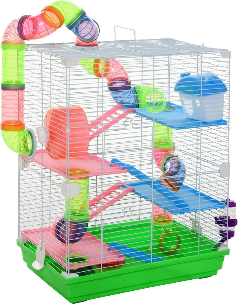 Cage pour Hamster Souris Rongeur 4 étages avec Tunnels mangeoire Roue Maison échelles 4