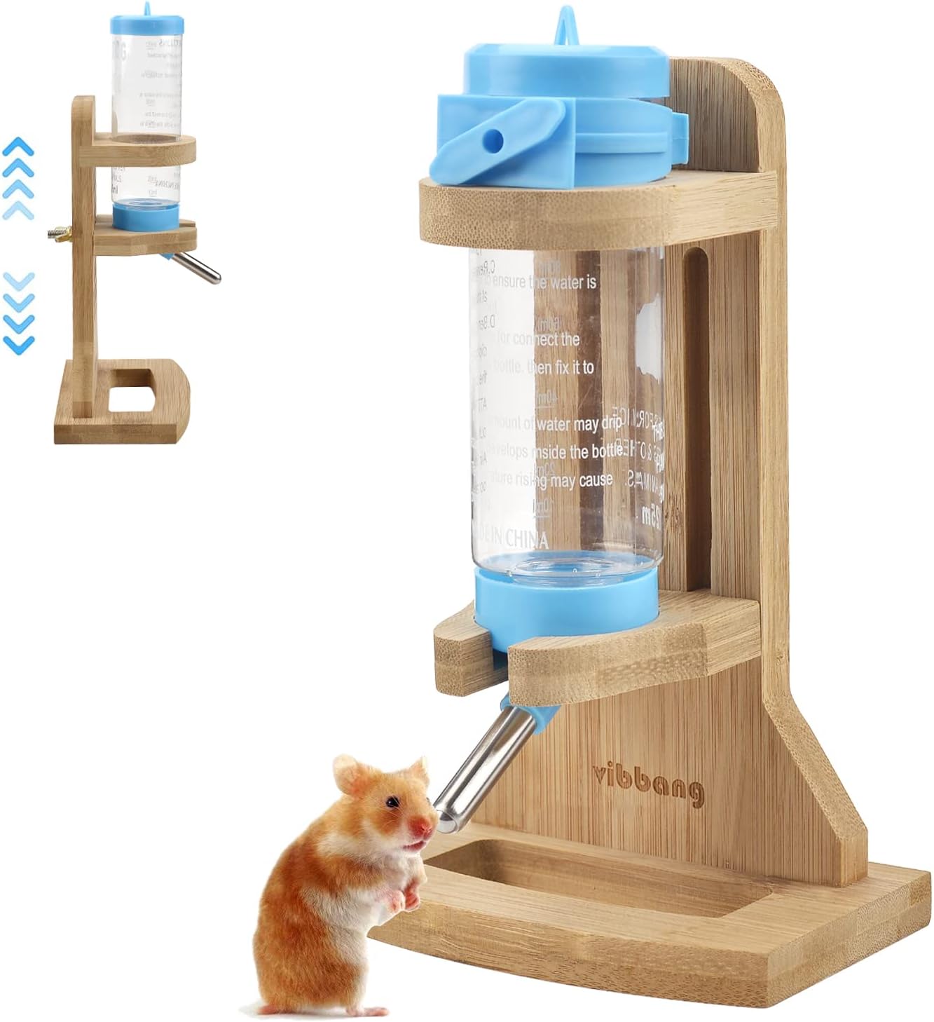 Distributeur d'eau pour Petits Animaux, Biberon Lapin, avec Support en Bois Réglable, 125ml Biberon Rongeur sur Pied Distributeur d'eau