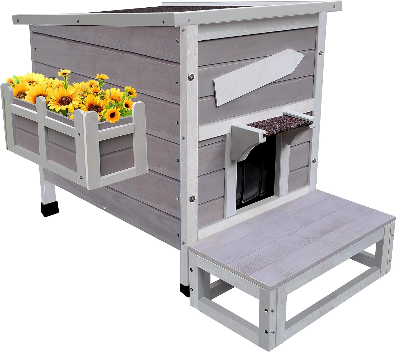 Niche d'extérieur pour chat - Résistante aux intempéries - Avec porte d'évacuation - Maison extérieure en bois à un étage - Pour chats