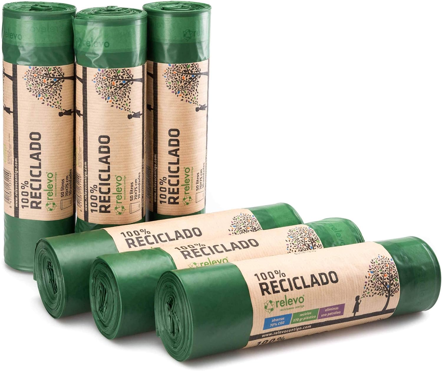 sacs poubelle avec poignées, 100% recyclés, très résistant 50 L, 60 pièces