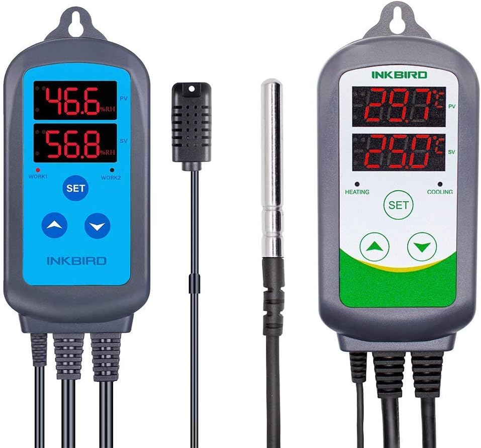 Combinaison ITC-308 Prise Thermostat Chauffage Refroidissement Regulateur de Temperature et IHC-200 Contrôleur Humidité Prise Hygrostat pour Terrarium,Cave Vin,Fumage,Cigare,Couveuse