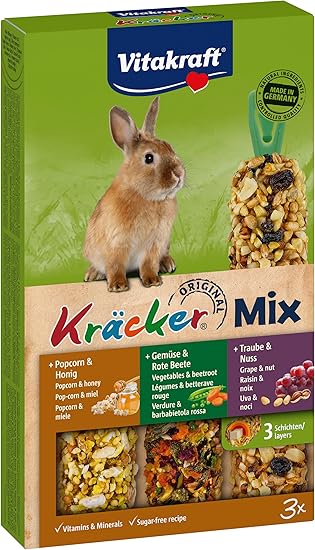 VITAKRAFT - Kräcker - Friandise pour Lapin Nain - Alimentation Complémentaire - Assortiment de Délicieux Kräckers Popcorn Miel, Légumes Betteraves, Raisin et Noix - Boîtes de 3 Baguettes - 160g
