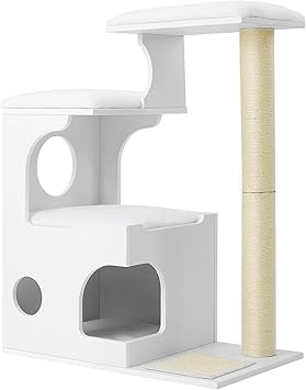 Feandrea Arbre à Chat 86 cm Haut en Panneaux d’Aggloméré, Tour de Jeux, avec Niche, Plateforme, Poteau et Tapis à Griffer en Sisal, Housse en Fourrure Synthétique Lavable, Blanc Nuage PCT070W01