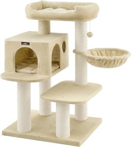FEANDREA Arbre à Chat, avec Plate-Forme d’Observation XXL, Hamac, Grande Grotte, Troncs épais en sisal, Stable, Beige PCT01M