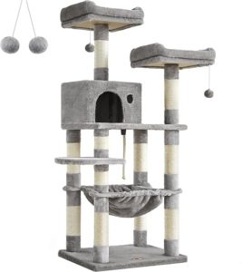 Feandrea Arbre à Chat Hauteur 143 cm, Tour de Jeux pour Chat, avec 11 Poteaux à Griffer, 2 Plateformes, 1 Niche, 1 Hamac, 2 Pompons, en Tissu Peluche, Plusieurs Niveaux, Gris Clair PCT15W