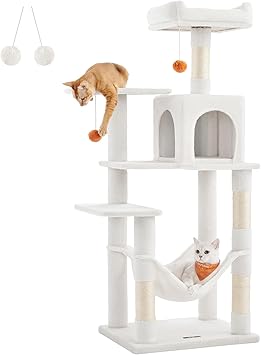 Feandrea Arbre à Chat Hauteur 143 cm, Tour de Jeux pour Chats, avec 4 Poteaux à Griffer, 2 Plateformes, 1 Niche, 1 Hamac, 2 Pompons, en Tissu Peluche, Multi-Niveaux, Blanc Crème PCT161T01