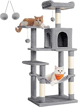 Feandrea Arbre à Chat Hauteur 143 cm, Tour de Jeux pour Chats, avec 4 Poteaux à Griffer, 2 Plateformes, 1 Niche, 1 Hamac, 2 Pompons, en Tissu Peluche, Multi-Niveaux, Gris Clair PCT161W01