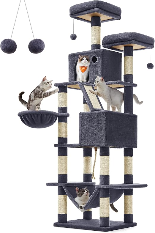 Feandrea Arbre à Chat, Hauteur 206 cm, avec 13 Griffoirs, 2 Plate-Forme, 2 Niches, Panier, Hamac, Pompon, Tissu Peluche, Multi-Niveaux pour Chat d'Intérieur, Gris Foncé PCT190G01