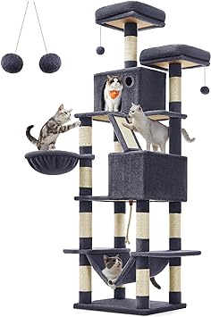 Feandrea Arbre à Chat, Hauteur 206 cm, avec 13 Griffoirs, 2 Plate-Forme, 2 Niches, Panier, Hamac, Pompon, Tissu Peluche, Multi-Niveaux pour Chat d'Intérieur, Gris Foncé PCT190G01