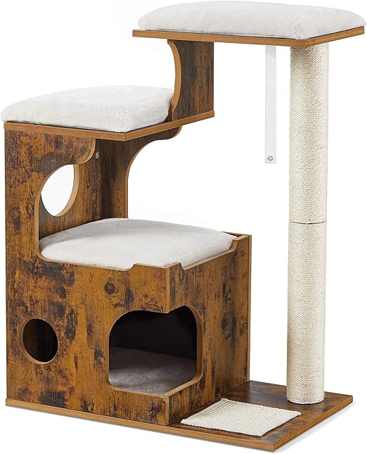 FEANDREA Arbre à Chat, Hauteur 86 cm, 3 Plate-Formes et 1 Niche, Panneau MDF, Poteau en Sisal, Tissu Peluche Lavable, Style Vintage, Marron Rustique et Blanc PCT70HW