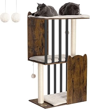 FourFurPets 3-Tier Modern Arbre à Chat Hauteur 111 cm, Tour de Jeux pour Chats, avec 2 griffoirs en sisal, 3 Grande Plateformes, Pompons, Marron Rustique