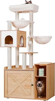 Hey-brother Arbre à chat avec bac à litière, tour moderne pour chats d'appartement, avec grande plateforme, mangeoire et 2 hamacs, meuble pour chat tout-en-un, bois de noyer EMPJ115WB