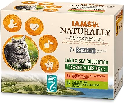 IAMS Naturally Nourriture Humide pour Chat Senior 12 sachets fraicheurs pour 2 Pâtées Terre/Mer en sauce - SANS SUCRE AJOUTE, OGM, protéines végétales, colorant, arôme artificiel - 12 x 85g