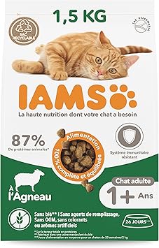 IAMS Vitality - Croquettes Premium Chats Adultes 100% Complètes et équilibrées - A l'Agneau - Sans OGM Colorant Arôme Artificiel - Sac refermable 1,5 kg