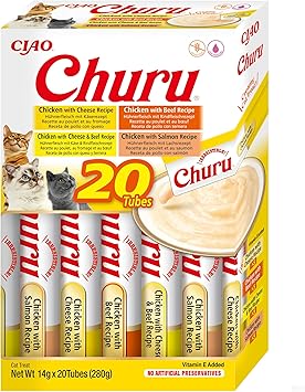 INABA Churu - Friandises en Purée aux 4 Saveurs de Boeuf et Poulet - Délicieux Snacks pour Félins - Texture Lisse et Onctueuse - Nourriture pour Chats - 20 Tubes x 14g