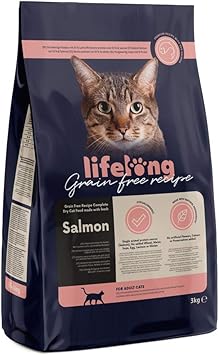 Marque Amazon - Lifelong - Aliment pour chat adultes sans céréale, élaboré avec du saumon frais, 3kg