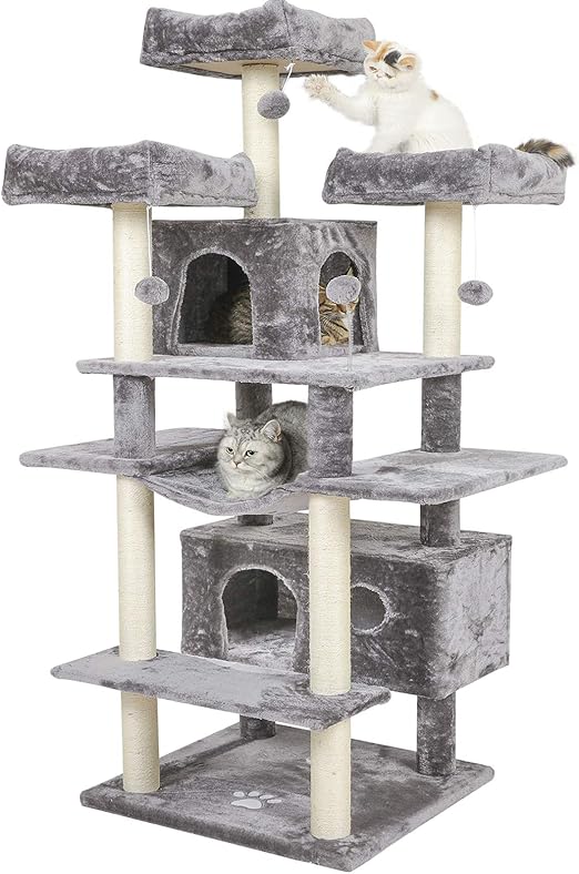 MSmask Grand arbre à chat, taille XXL, 175 cm, stable, avec 3 grandes plateformes d'observation, pour grands chats, griffoirs en sisal, gris clair
