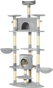 PawHut Arbre à Chat XXL Arbre à Grimper pour Chat Hauteur 200 cm Multi-équipements griffoirs 6 Plate-Formes 2 niches hamacs Jouet Suspendu Gris