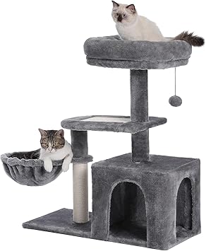 PAWZ Road Petit Arbre à Chat Hauteur 73 cm, Arbre a Chat en Peluche avec Perchoir Doux, Hamac Rond & Grande Maison à 2 Porte Gris