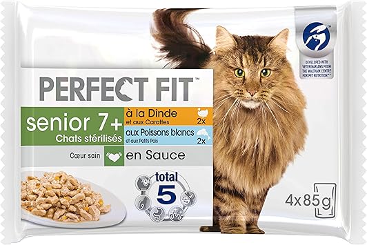 PERFECT FIT Repas pour Chat Senior 7+ Stérilisé - 52 Sachets Fraîcheur (Lot de 13 Packs de 4x85g) - Pâtée pour Chat en Sauce à la Dinde / aux Poissons blancs - Nourriture Equilibrée pour un Coeur Sain