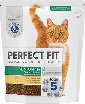 PERFECT FIT Senior 11+ Croquettes Gourmandes pour Chat Senior Stérilisé – Nourriture Riche en Poulet – 1,4 kg (Lot de 5)
