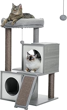 PETEPELA Arbre à Chat en Bois, Tour de Jeux pour Chats avec Double Condos Douillets, Perchoir Moelleux, Griffoir Robuste, Poteaux en sisal & Pompons Suspendus, 89 cm, Gris