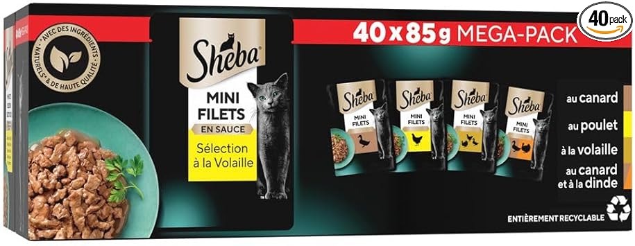 SHEBA Mini Filets - Sachets Fraîcheur en Sauce, Sélection à la Volaille pour Chat Adulte - 40x85g