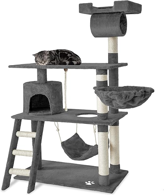 tectake Arbre à Chat Griffoir Maison Chat Interieur Jeux Appartement avec Grattoir Rampe Tunnel Panier Echelle Lit - Gris