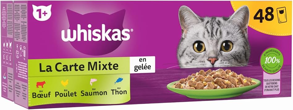 WHISKAS Repas - 48 Sachets Fraîcheur - La Carte Mixte (4 variétés) - Pâtée pour Chat Adulte en Gelée – Nourriture Humide Complète & Equilibrée, Adaptée aux Chats Stérilisés