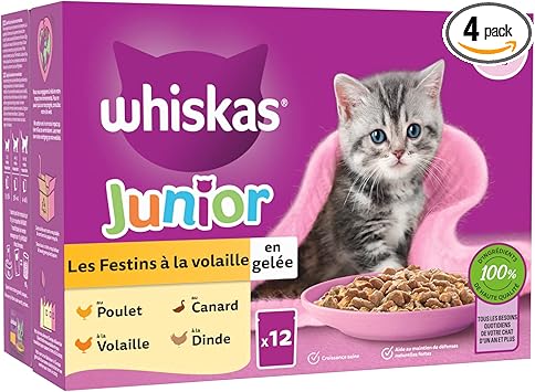WHISKAS Repas pour Chaton - 48 Sachets Fraîcheur (Lot de 4 Packs 12x85g) - Festins à la Volaille (4 variétés) - Pâtée pour Chat Junior en Gelée. Nourriture Humide Complète pour une Croissance Saine