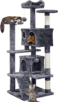 Yaheetech Arbre à Chat avec 2 Niches 3 Plateformes 2 Boules en Sisal Arbre à Grimper Multi-Niveaux Hauteur 137cm Idéal pour 3-4 Chats Gris Foncé