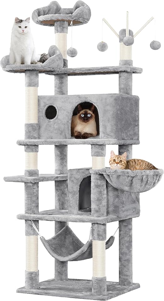 Yaheetech Arbre à Chat Multiniveau Hauteur 170cm Tour de Jeux Maison pour Chat avec Poteaux en Sisal 2 Niches Spacieuses Hamac Panier Jouets Amovibles Boules avec Clochette Gris Clair